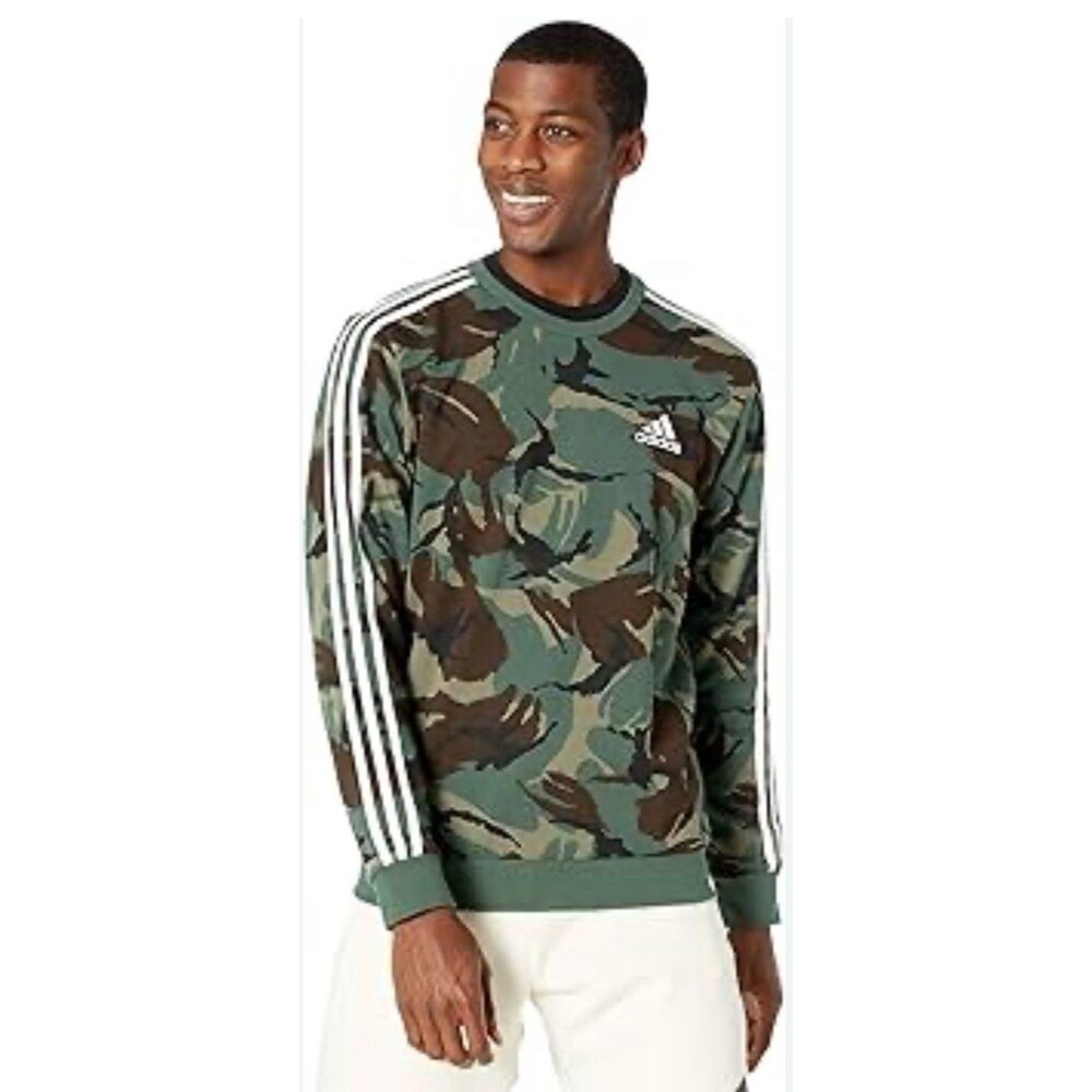 Adidas Essentials Sweatshirt in a Legacy Green camouflage print.